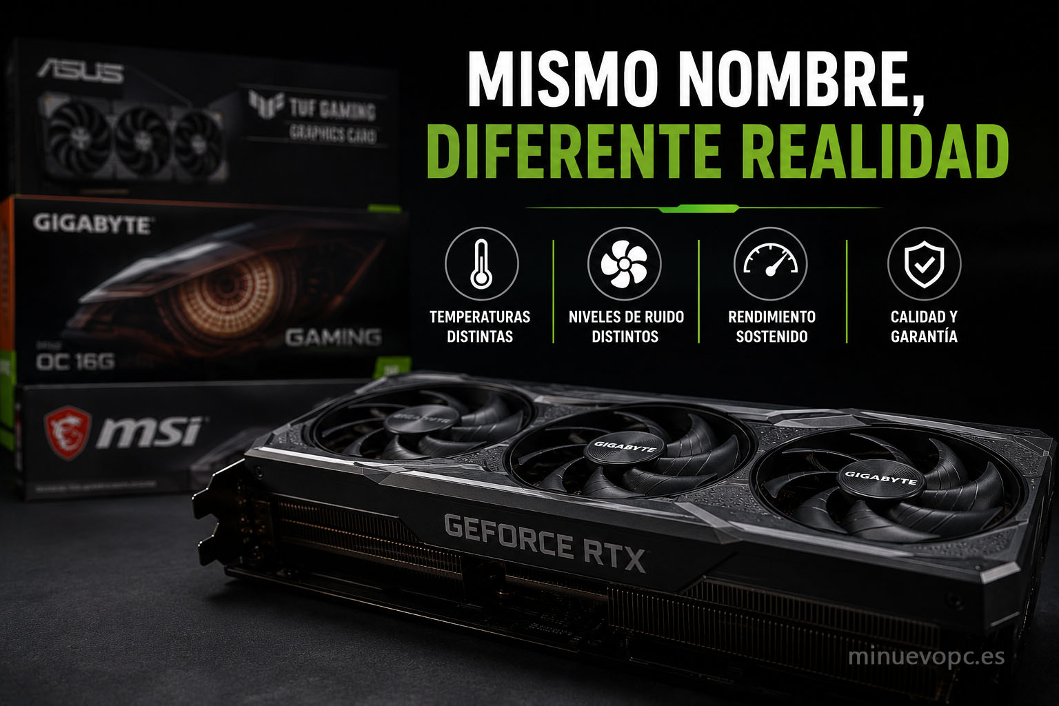 Varias tarjetas gráficas de distintos fabricantes junto a iconos de temperatura, ruido y garantía para saber qué revisar antes de comprar una GPU