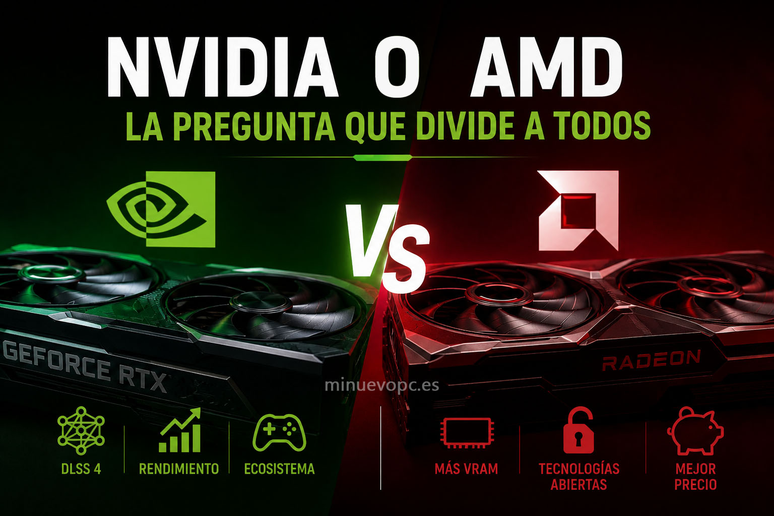 Comparativa visual entre una GeForce RTX y una Radeon con las principales ventajas de NVIDIA y AMD para elegir la mejor tarjeta gráfica