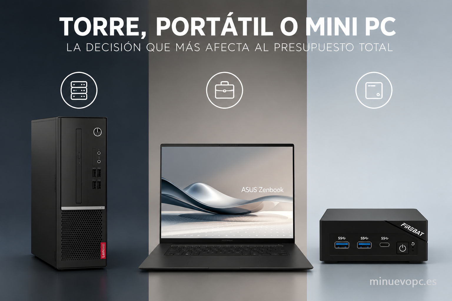 Comparativa entre torre de sobremesa, portátil y mini PC para oficina moderna, mostrando qué tipo de ordenador elegir según presupuesto, espacio y rendimiento en entornos de trabajo profesionales