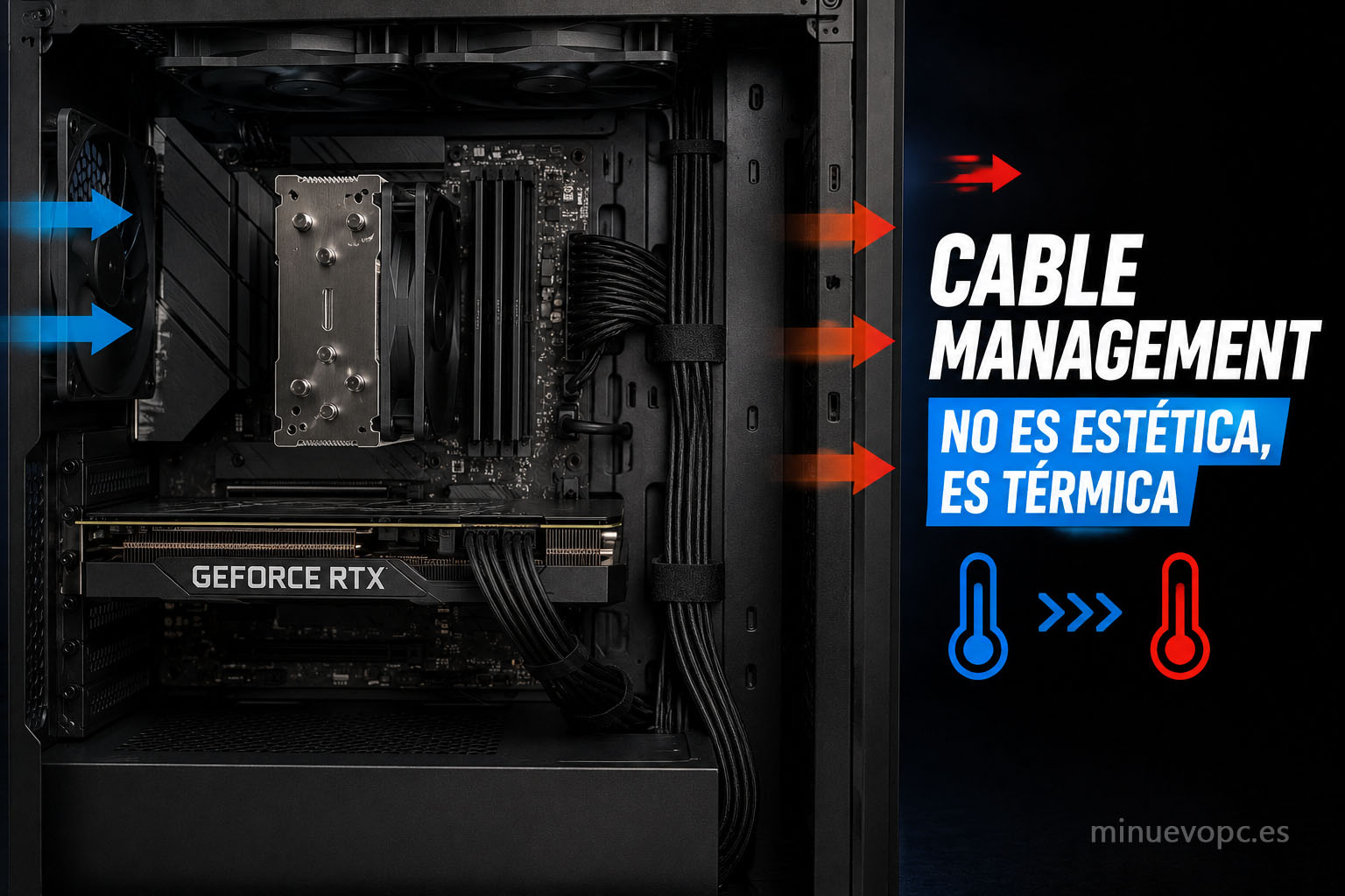 Interior de PC con cables ordenados y flujo de aire optimizado para mejorar temperaturas y ventilación