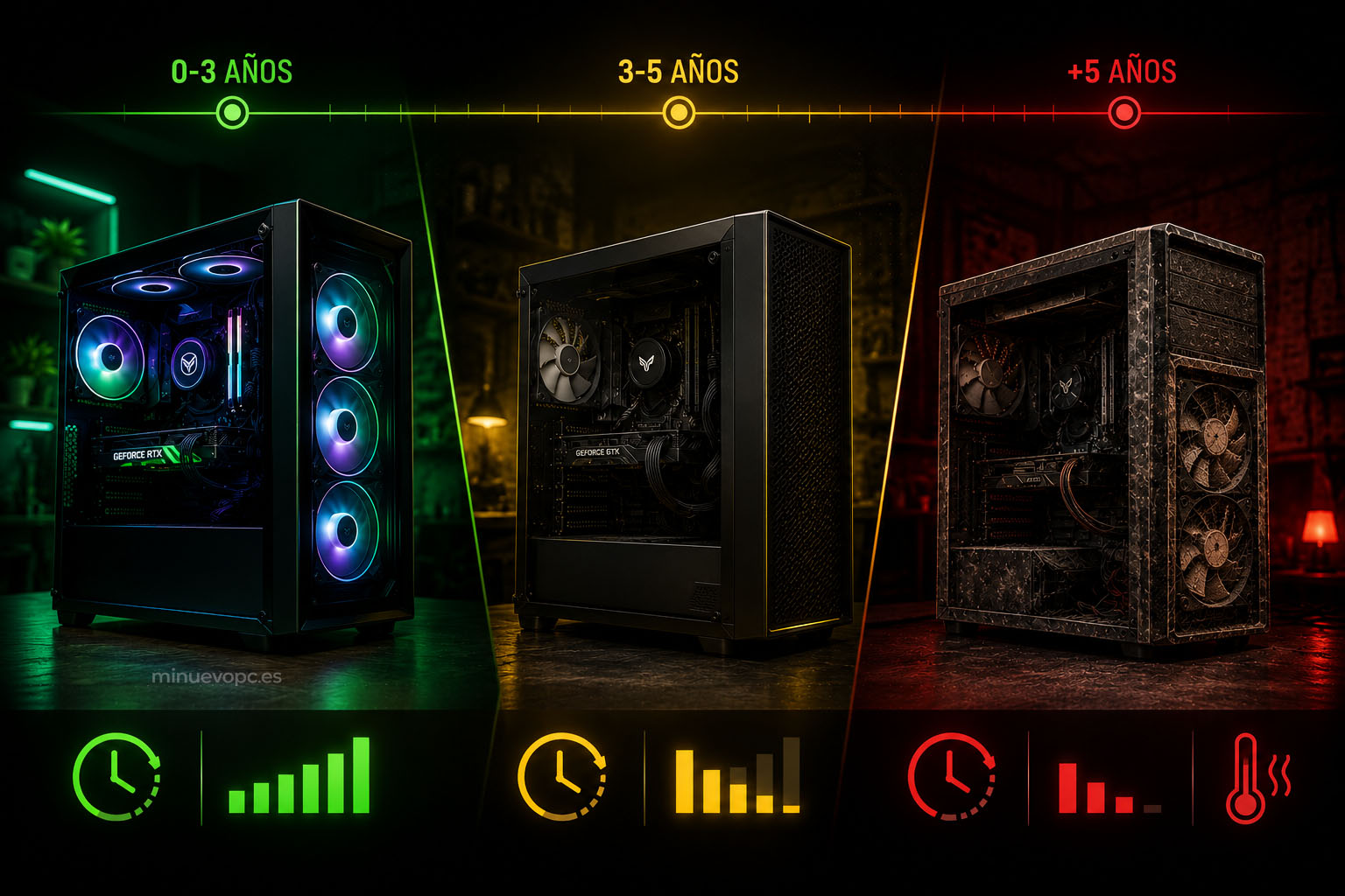 tres pcs gaming de diferentes años mostrando el rendimiento decreciente con el paso del tiempo