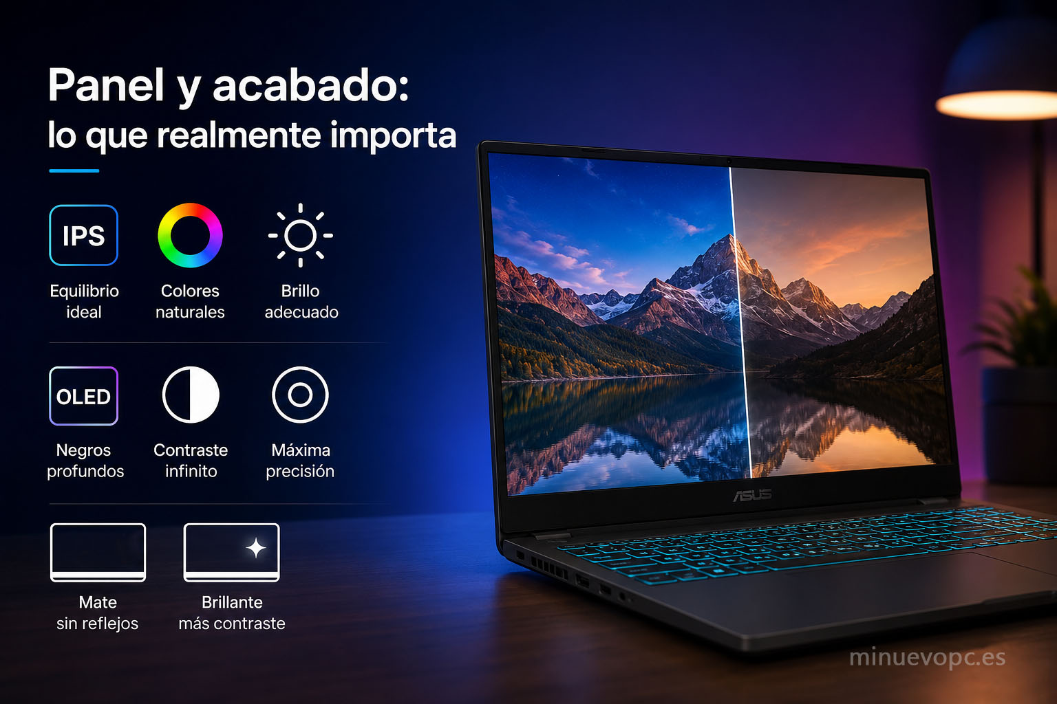 Comparativa visual entre paneles IPS y OLED con acabado mate y brillante para entender qué pantalla ofrece mejor experiencia en un portátil