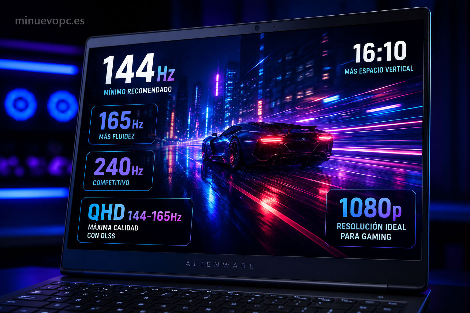 Primer plano de pantalla de portátil gaming con diseño moderno y colores intensos, representando resolución Full HD, QHD, 144 Hz, 165 Hz para gaming competitivo.