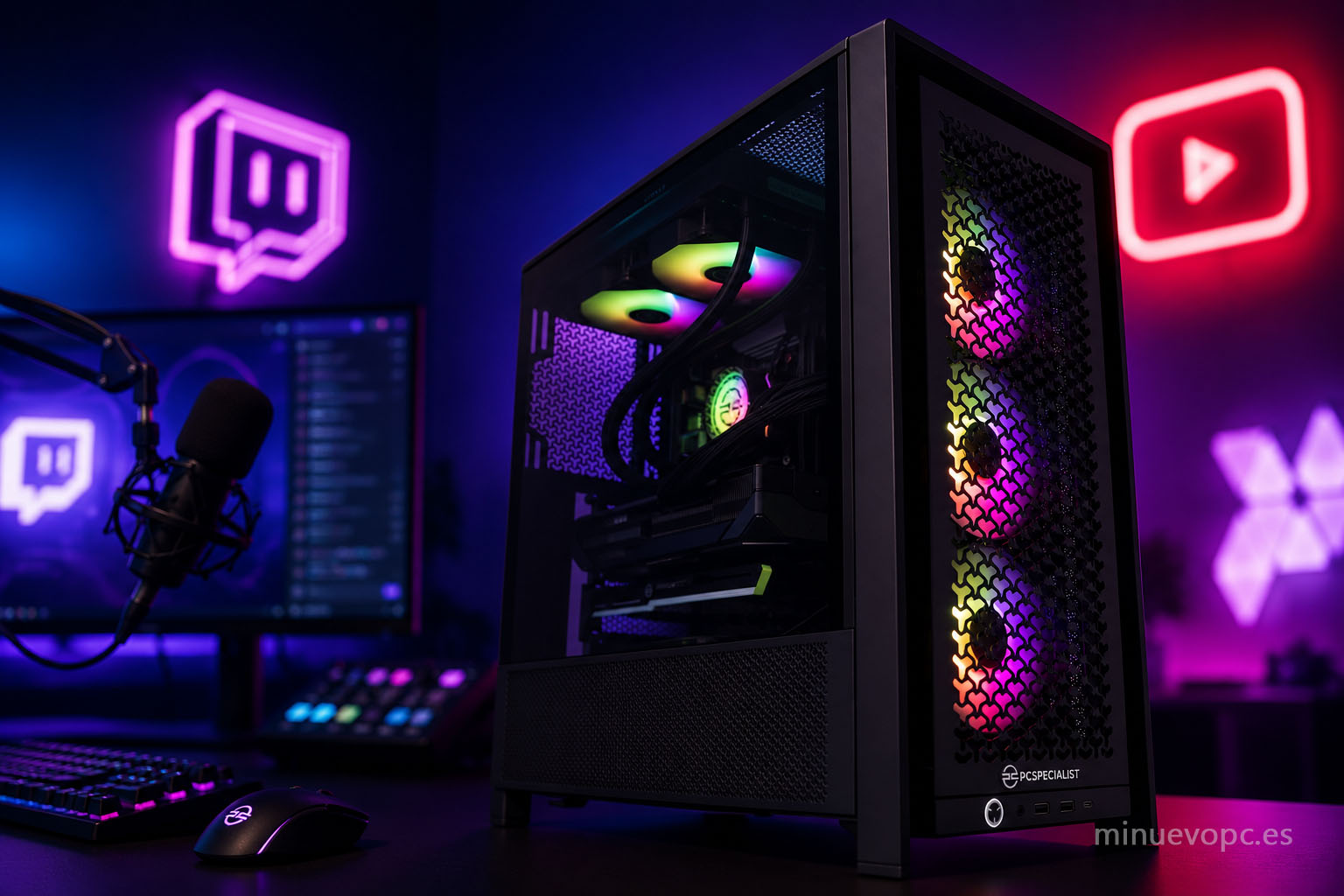 PC gaming RGB para streaming en Twitch y YouTube con configuración optimizada para emitir en directo sin cortes ni pérdida de rendimiento.