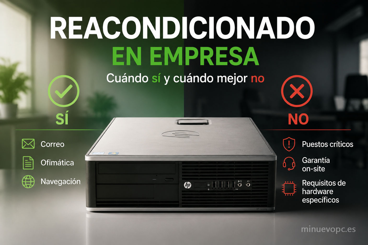 PC reacondicionado para oficina mostrando cuándo es una opción rentable y cuándo conviene elegir un ordenador nuevo para empresa