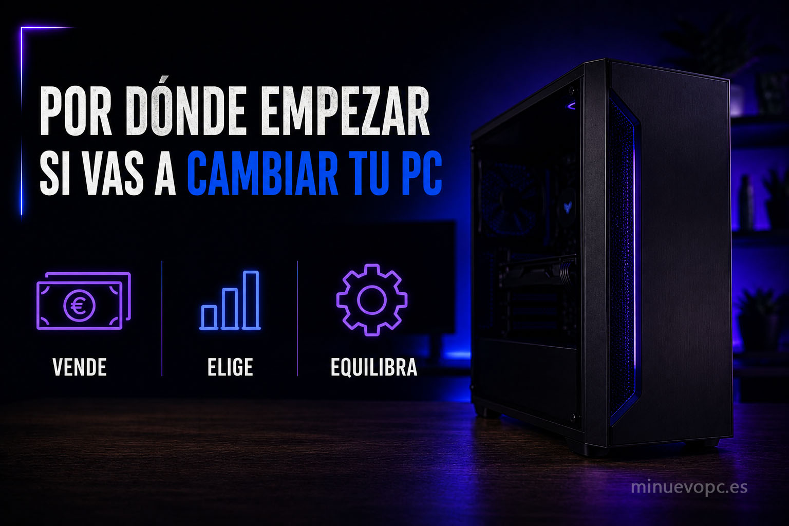 Torre gaming moderna con iconos de presupuesto, venta y planificación orientada a quienes buscan comprar un PC gaming equilibrado