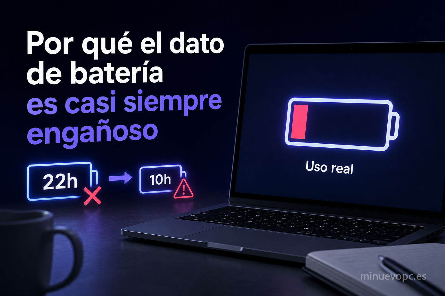 Diferencia entre la autonomía oficial y el uso real en portátiles con mejor batería, comparando las horas anunciadas frente al rendimiento diario