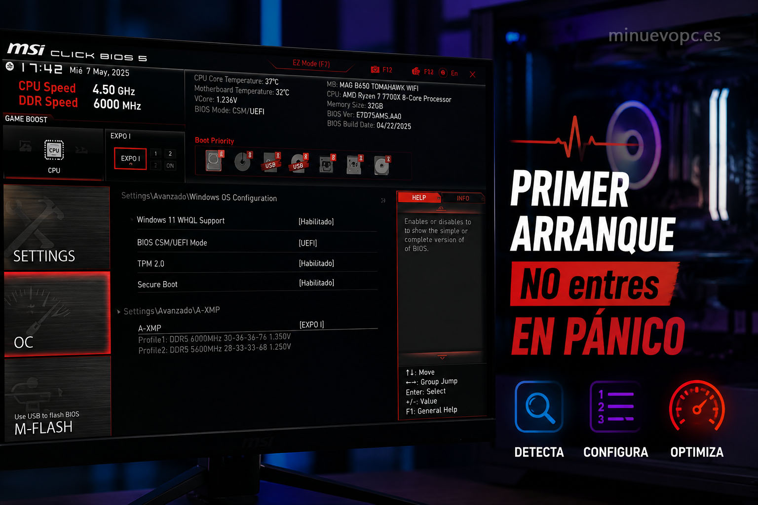 Pantalla de BIOS en ordenador recién montado comprobando memoria RAM y almacenamiento SSD detectados