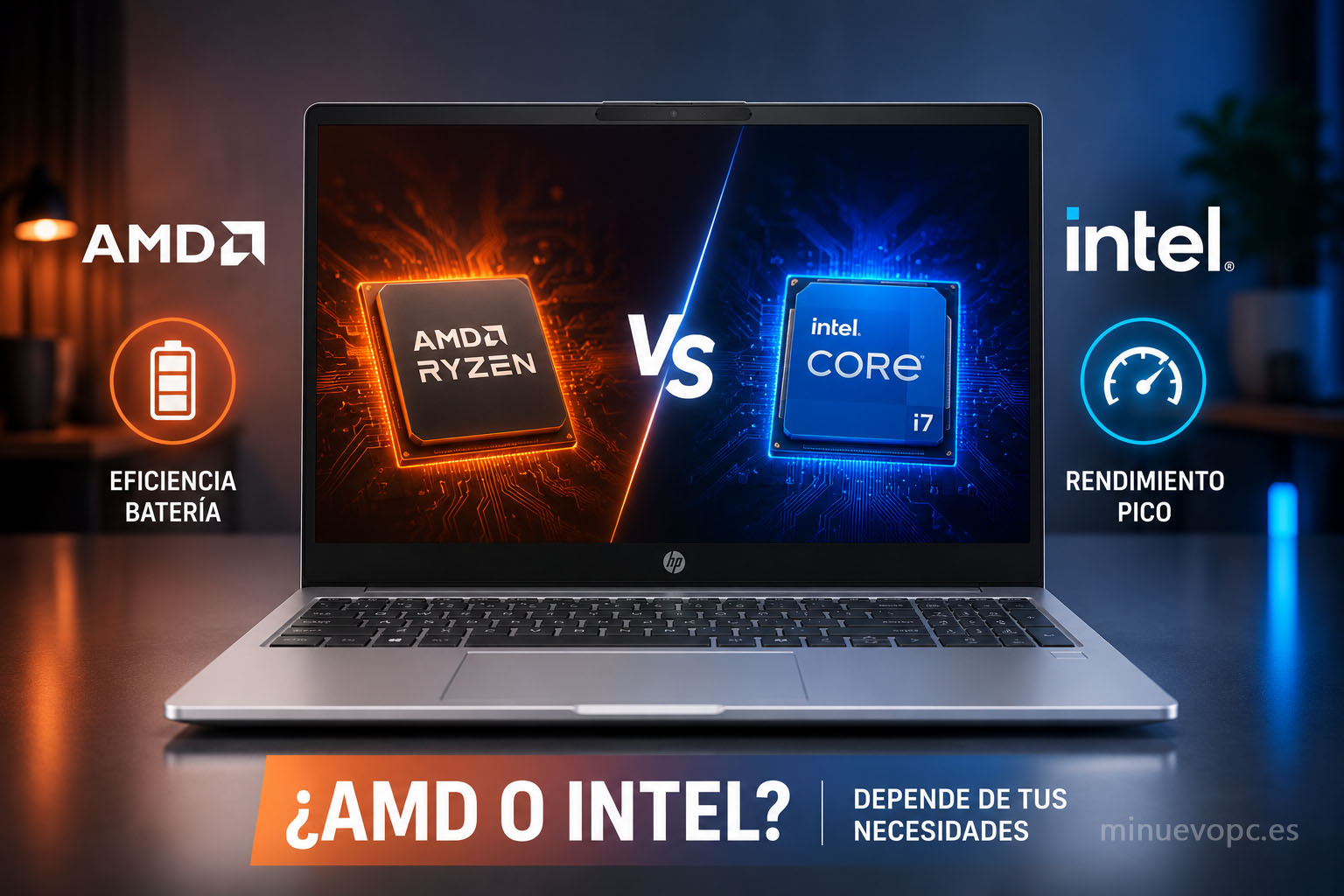 Comparativa entre procesadores AMD Ryzen e Intel Core en portátil moderno para elegir mejor rendimiento, eficiencia y potencia según el tipo de usuario