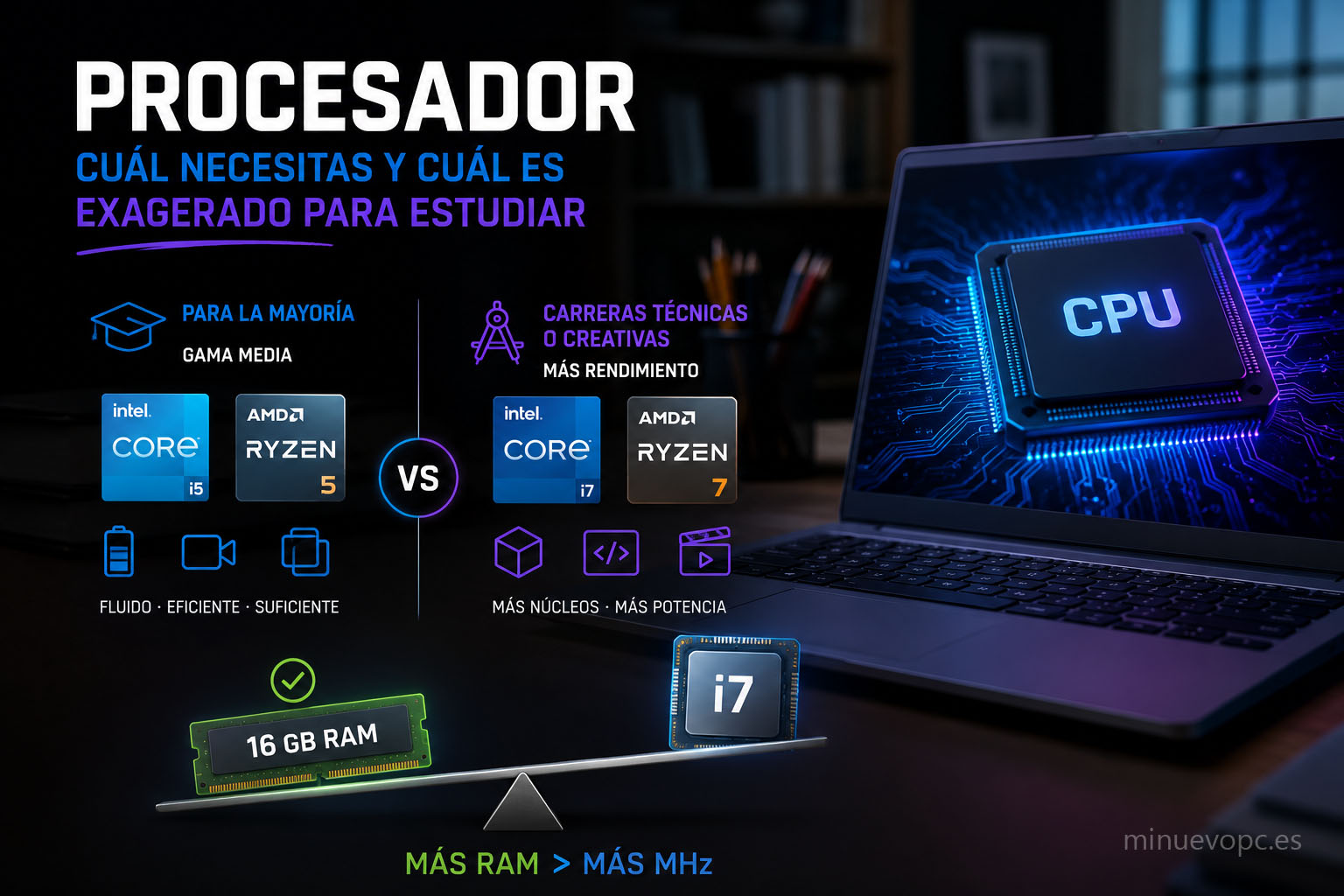 Comparativa de procesadores Intel Core i5, i7 y AMD Ryzen para portátil universitario, imagen sobre rendimiento y RAM para estudiantes