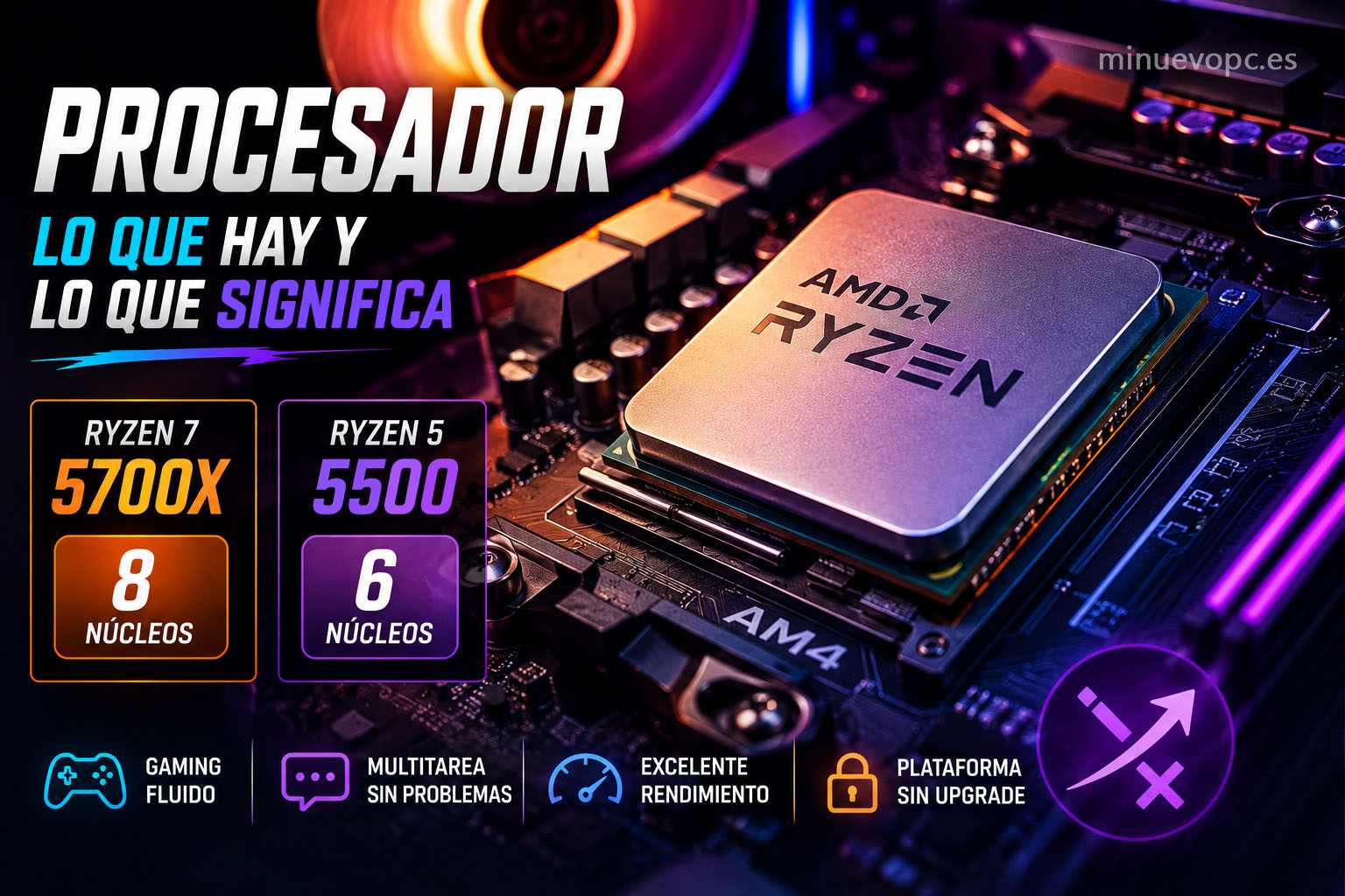 Procesador Ryzen para PC gaming de gama media con configuración equilibrada para jugar, multitarea y buen rendimiento en 1080p