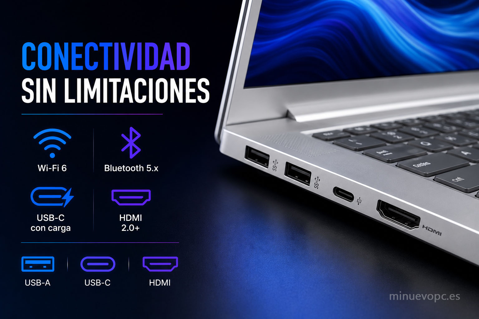 Detalle de conectividad en portátil moderno con USB-C HDMI WiFi 6 y puertos completos para oficina