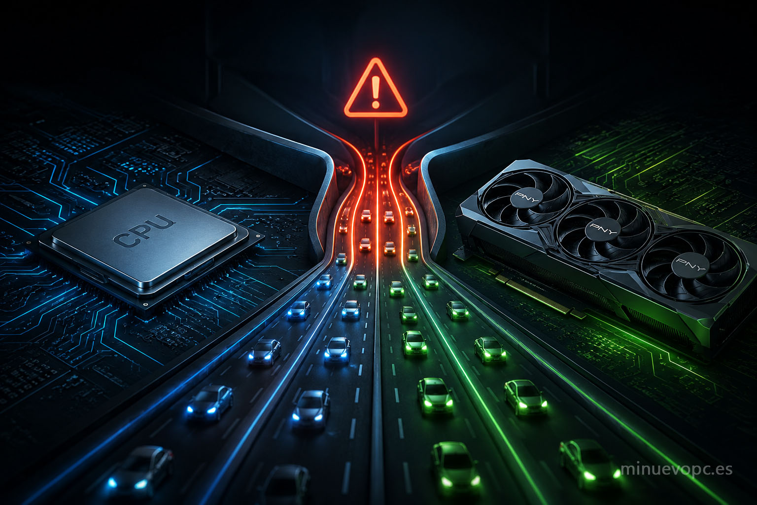 Ilustración de cuello de botella entre CPU y GPU en un PC gaming mostrando pérdida de FPS y problemas de rendimiento