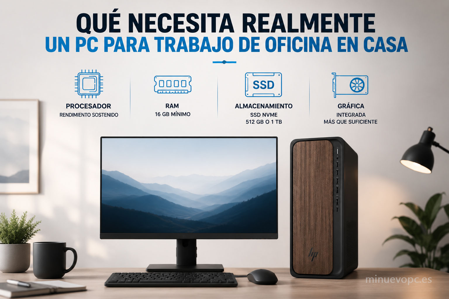 PC de sobremesa para oficina con monitor y hardware equilibrado para teletrabajo, multitarea y productividad