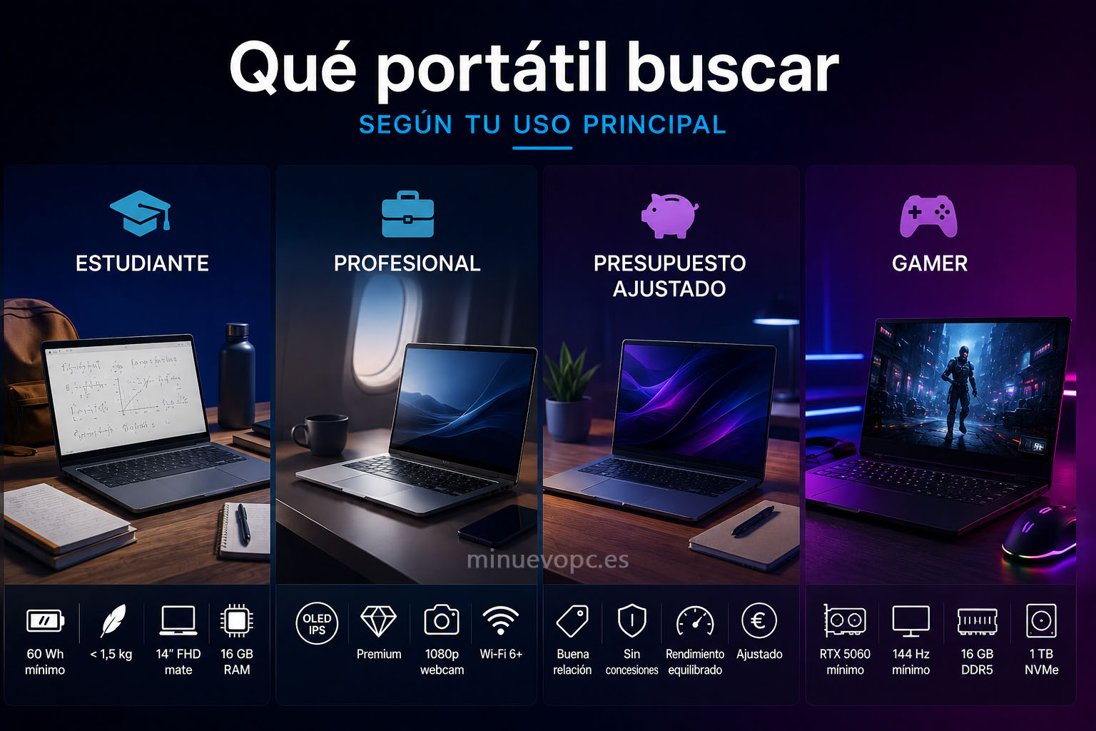 Guía visual para elegir un portátil según el uso: estudiante, profesional, calidad precio o gaming con las características clave de cada perfil