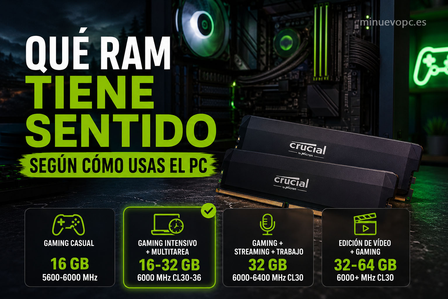 Qué RAM elegir para gaming según tu perfil de uso: 16 GB, 32 GB o 64 GB DDR5 con la mejor relación calidad precio