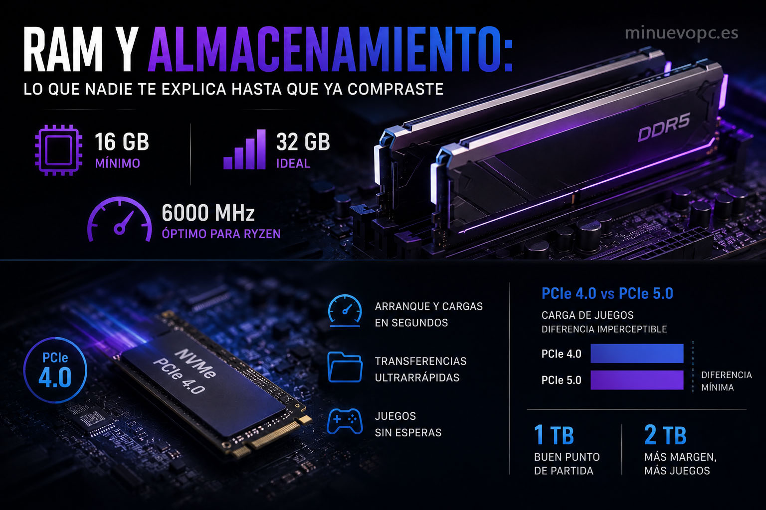 Memoria RAM DDR5 y SSD NVMe PCIe 4.0 recomendados para un PC gaming rápido con tiempos de carga bajos y mejor rendimiento
