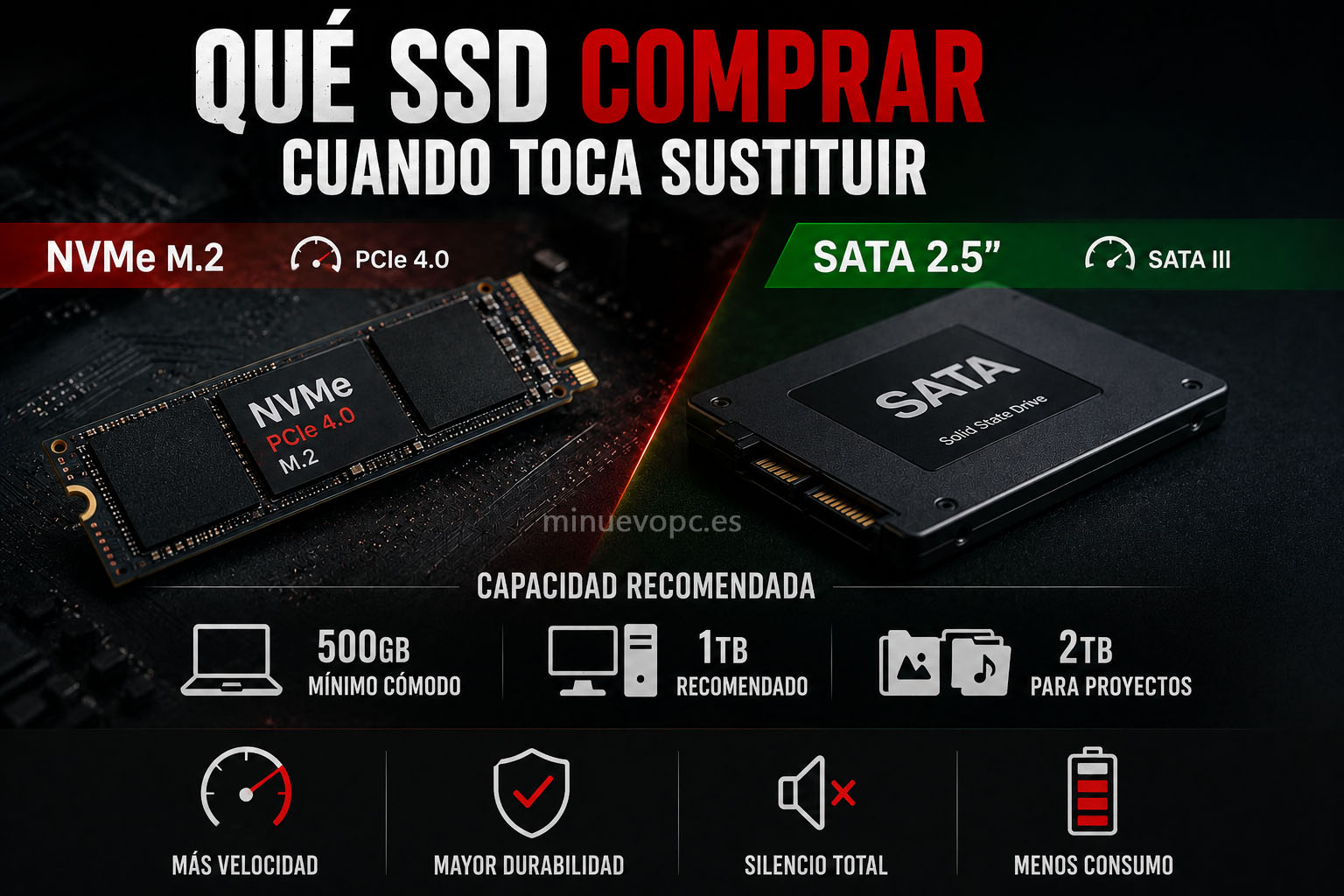 Comparativa visual entre un SSD NVMe M.2 y un SSD SATA con capacidades recomendadas para elegir la mejor opción calidad precio según tu PC