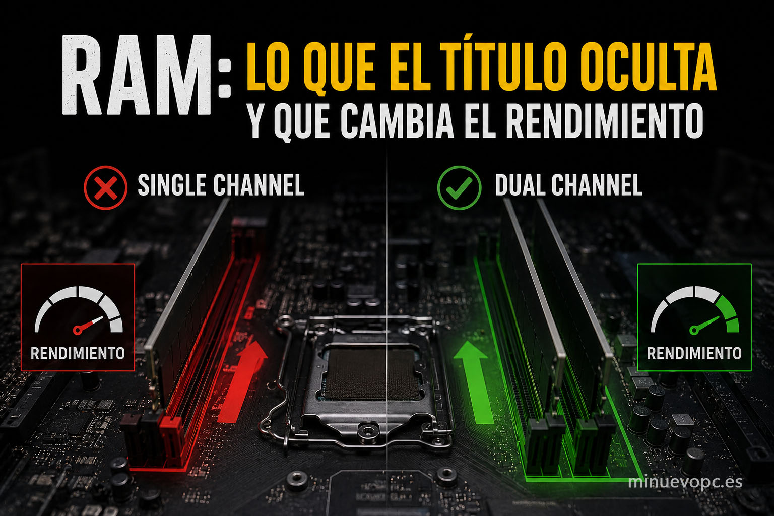 Dos módulos de memoria RAM frente a un equipo gaming mostrando por qué el doble canal mejora el rendimiento y la relación calidad precio
