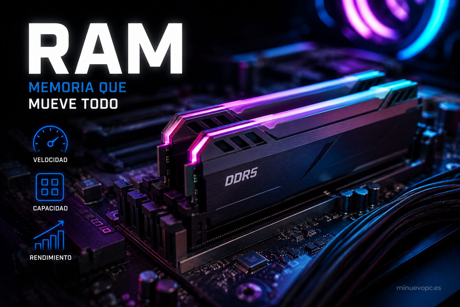 Memoria RAM DDR5 RGB instalada en placa base gaming, imagen tecnológica moderna sobre capacidad, velocidad y rendimiento multitarea en ordenadores gaming
