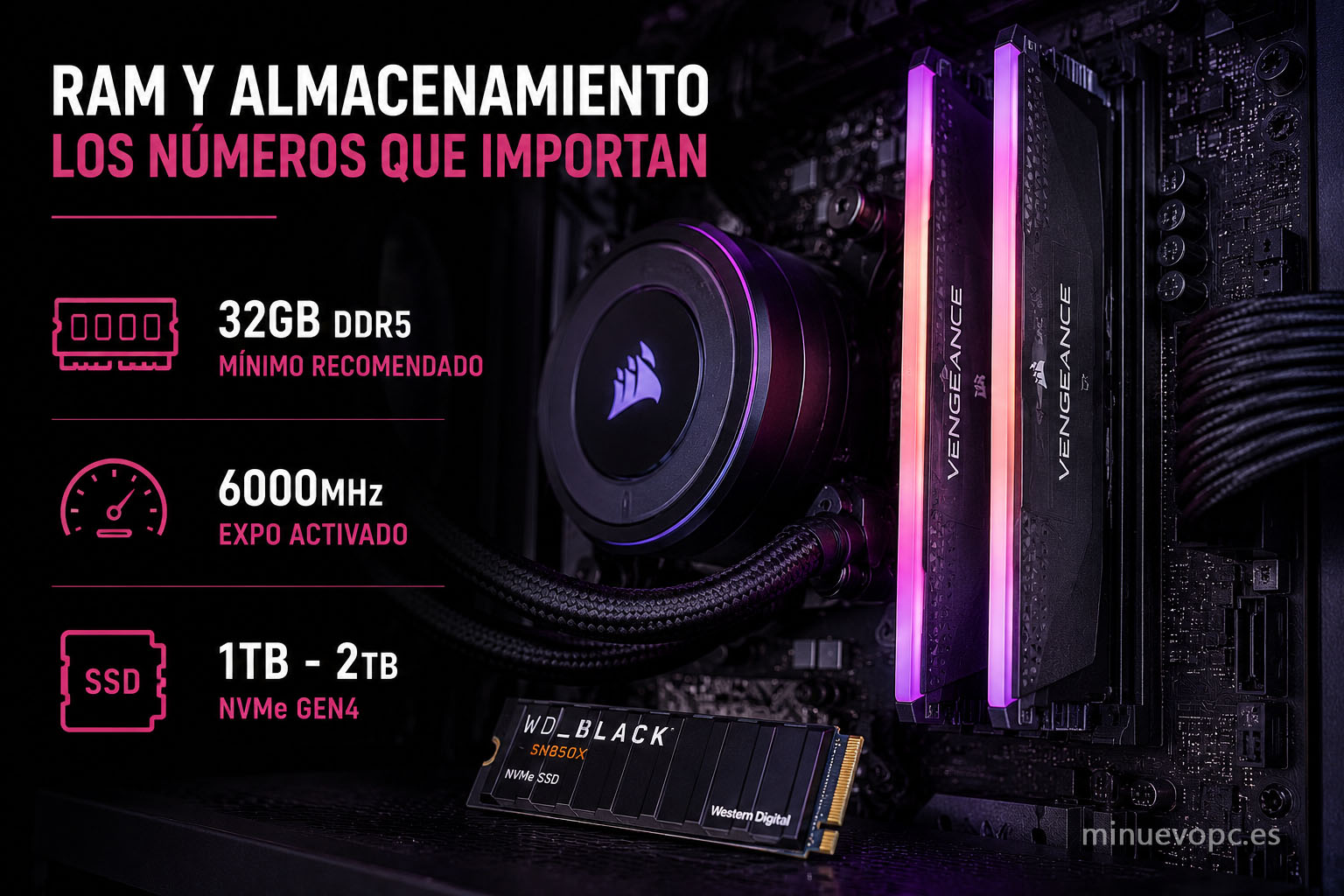 PC gaming con 32 GB de memoria RAM DDR5 y SSD NVMe Gen4 de alta velocidad para mejorar la carga de juegos y el rendimiento general