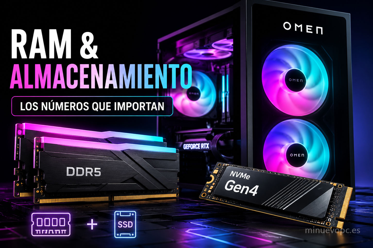 PC gaming OMEN con iluminación RGB junto a memoria DDR5 y SSD NVMe Gen4, ilustrando la importancia de la RAM y el almacenamiento en un setup gaming moderno.