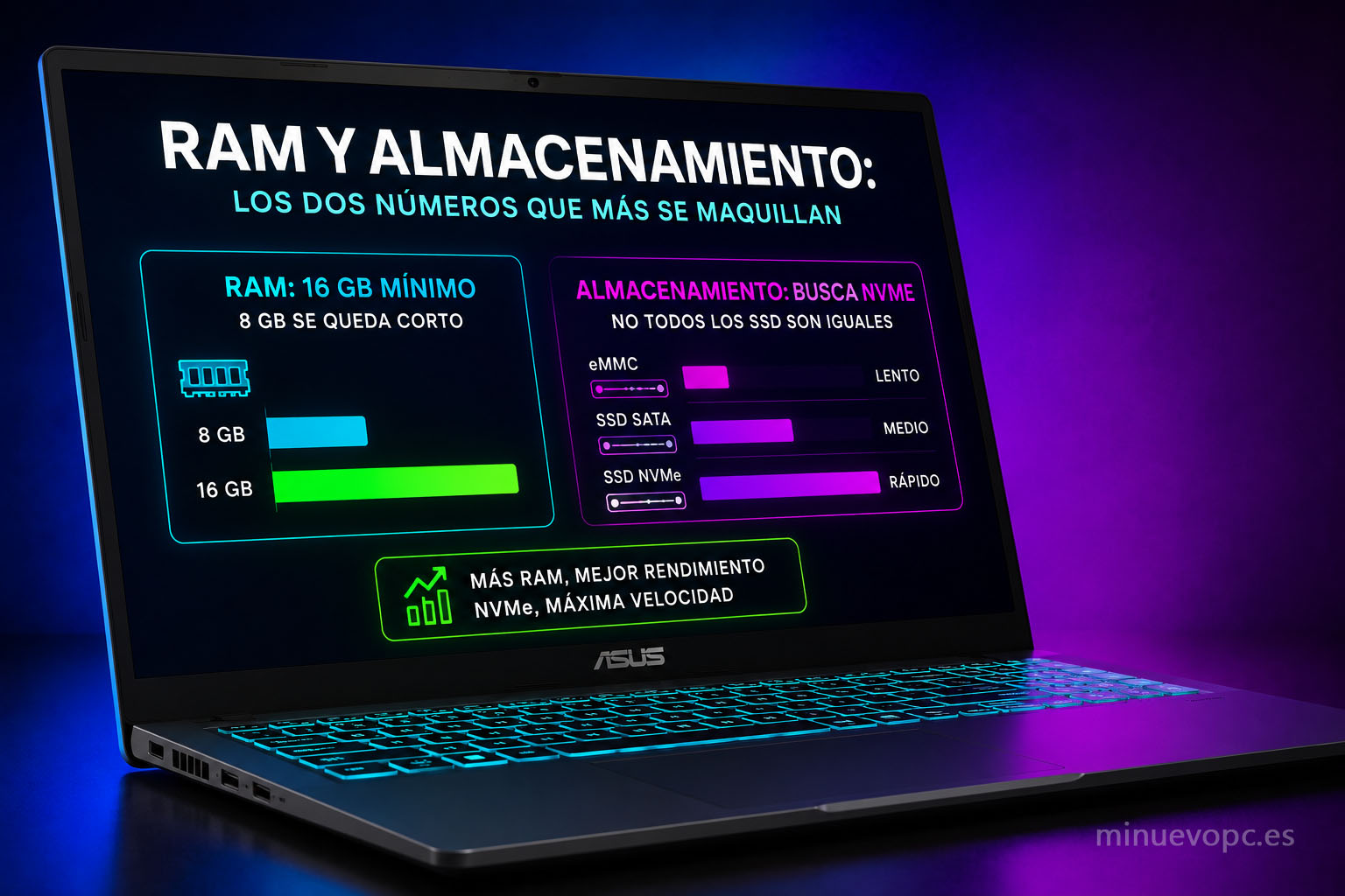 Portátil con 16 GB de RAM y SSD NVMe rápido recomendado para multitarea y rendimiento diario