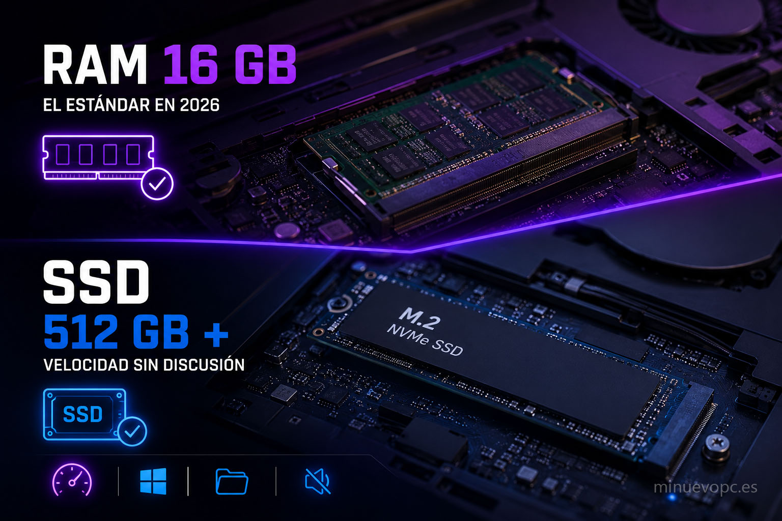 Memoria RAM de 16 GB y SSD NVMe de 512 GB en portátil moderno, componentes recomendados para universidad y multitarea