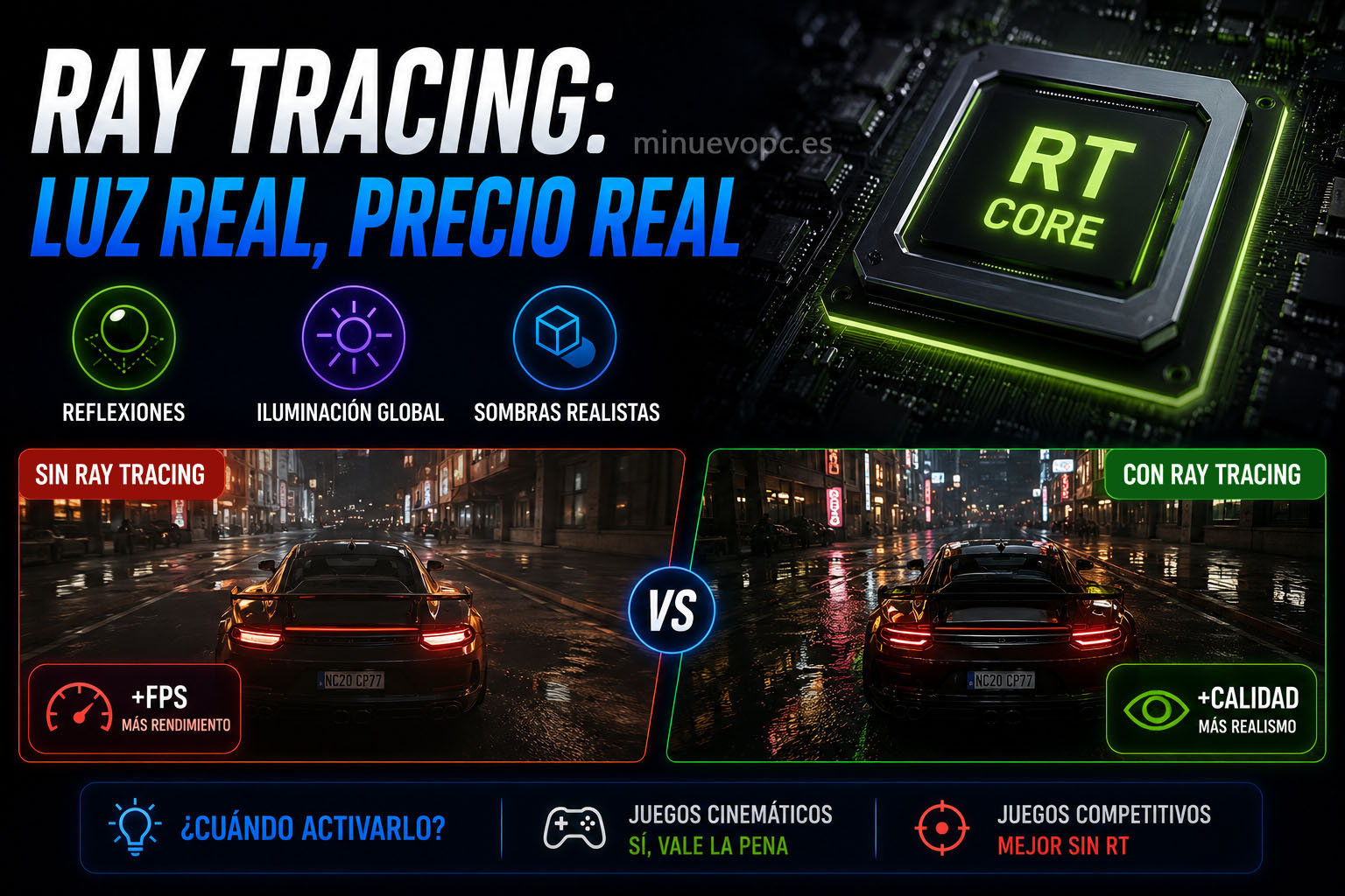Comparativa gaming con y sin ray tracing mostrando iluminación realista, reflejos y rendimiento en tarjeta gráfica RTX