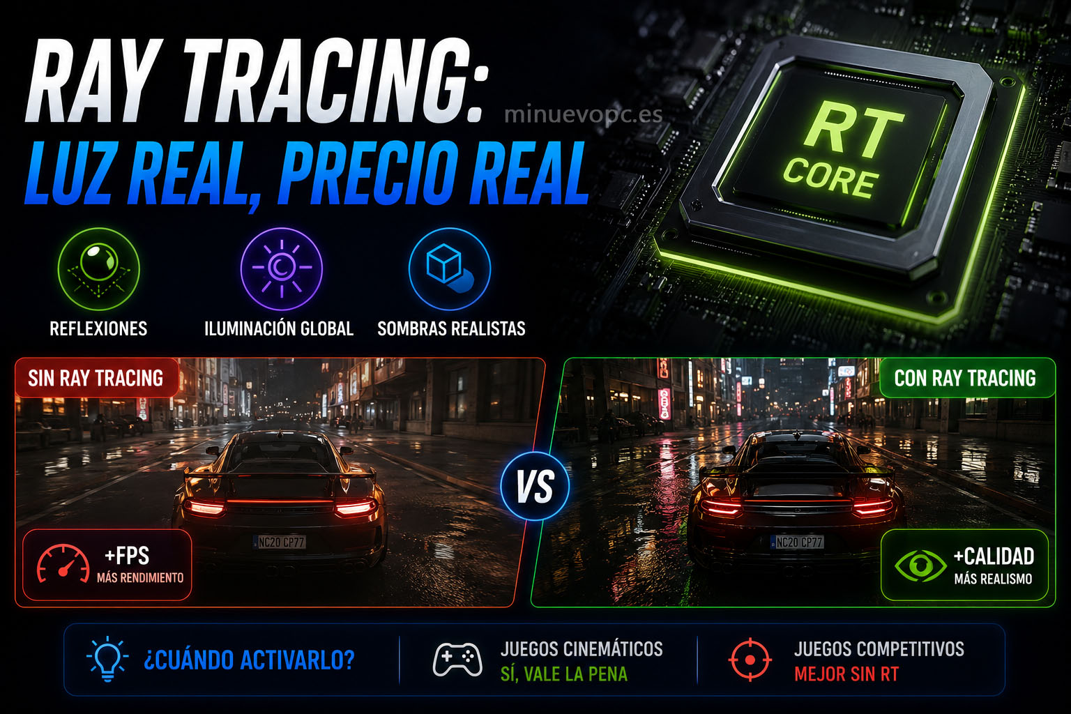 Comparativa gaming con y sin ray tracing mostrando iluminación realista, reflejos y rendimiento en tarjeta gráfica RTX