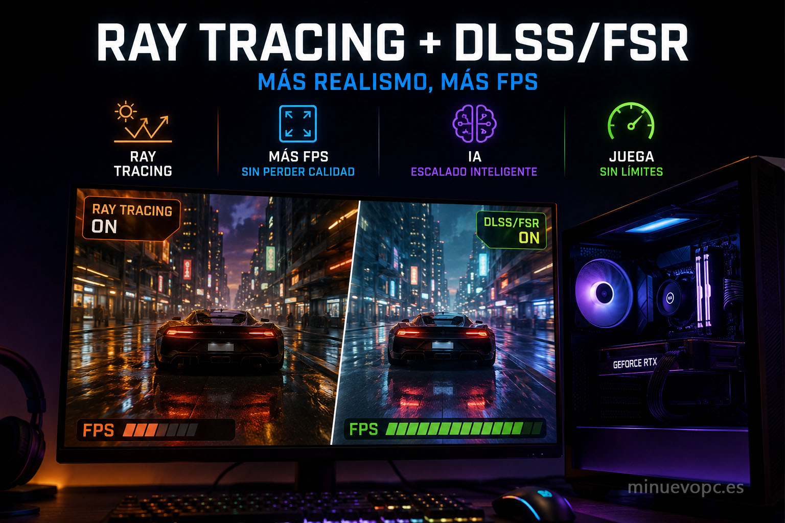 Monitor gaming mostrando comparación de Ray Tracing y DLSS/FSR con aumento de FPS y gráficos más realistas para elegir una tarjeta gráfica calidad precio