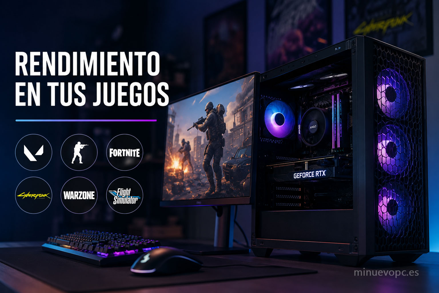 PC gaming calidad precio mostrando el rendimiento esperado en juegos competitivos, AAA y simuladores a 1080p con altas tasas de FPS.