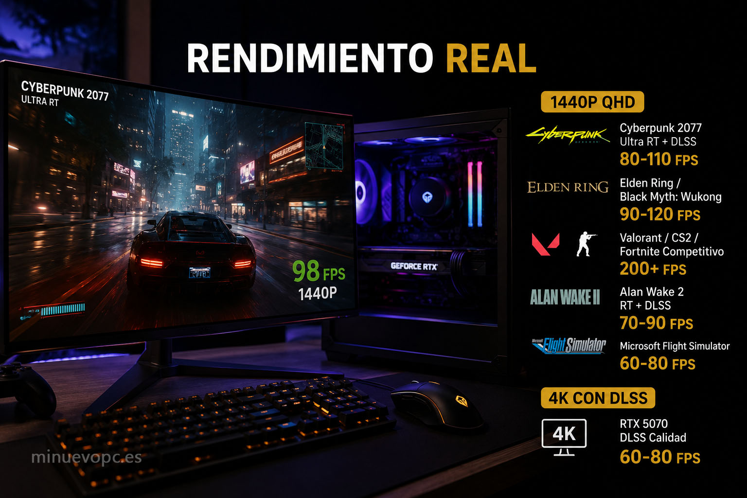 Rendimiento real de un PC gaming con RTX 5070 y Ryzen 7, ideal para comprar un equipo capaz de mover juegos exigentes en 1440p y 4K