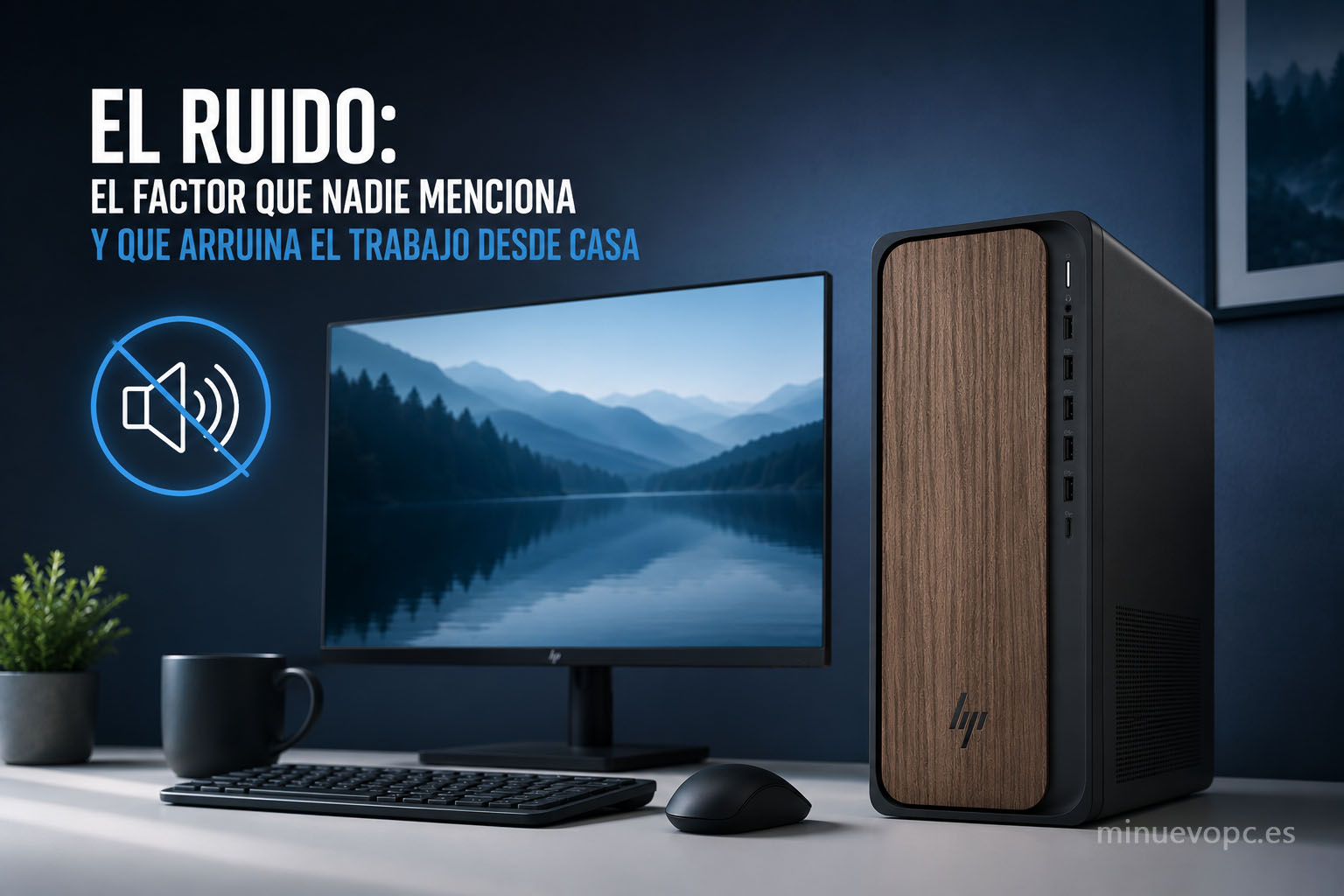 PC de sobremesa silencioso para trabajar desde casa en escritorio minimalista y entorno sin ruido