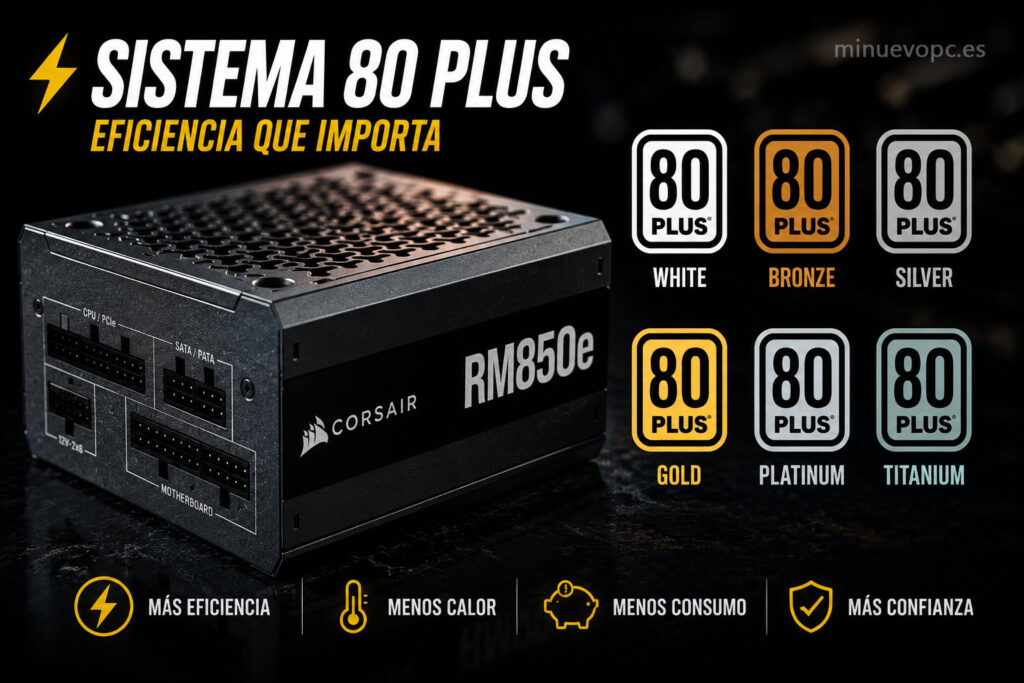 Comparativa de certificaciones 80 Plus Bronze, Gold y Platinum en una fuente de alimentación 750W para entender su eficiencia energética