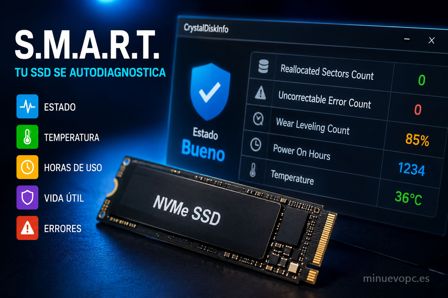 Diagnóstico S.M.A.R.T. de SSD NVMe mostrando salud del disco, temperatura y vida útil con CrystalDiskInfo para detectar fallos y mejorar el rendimiento del PC