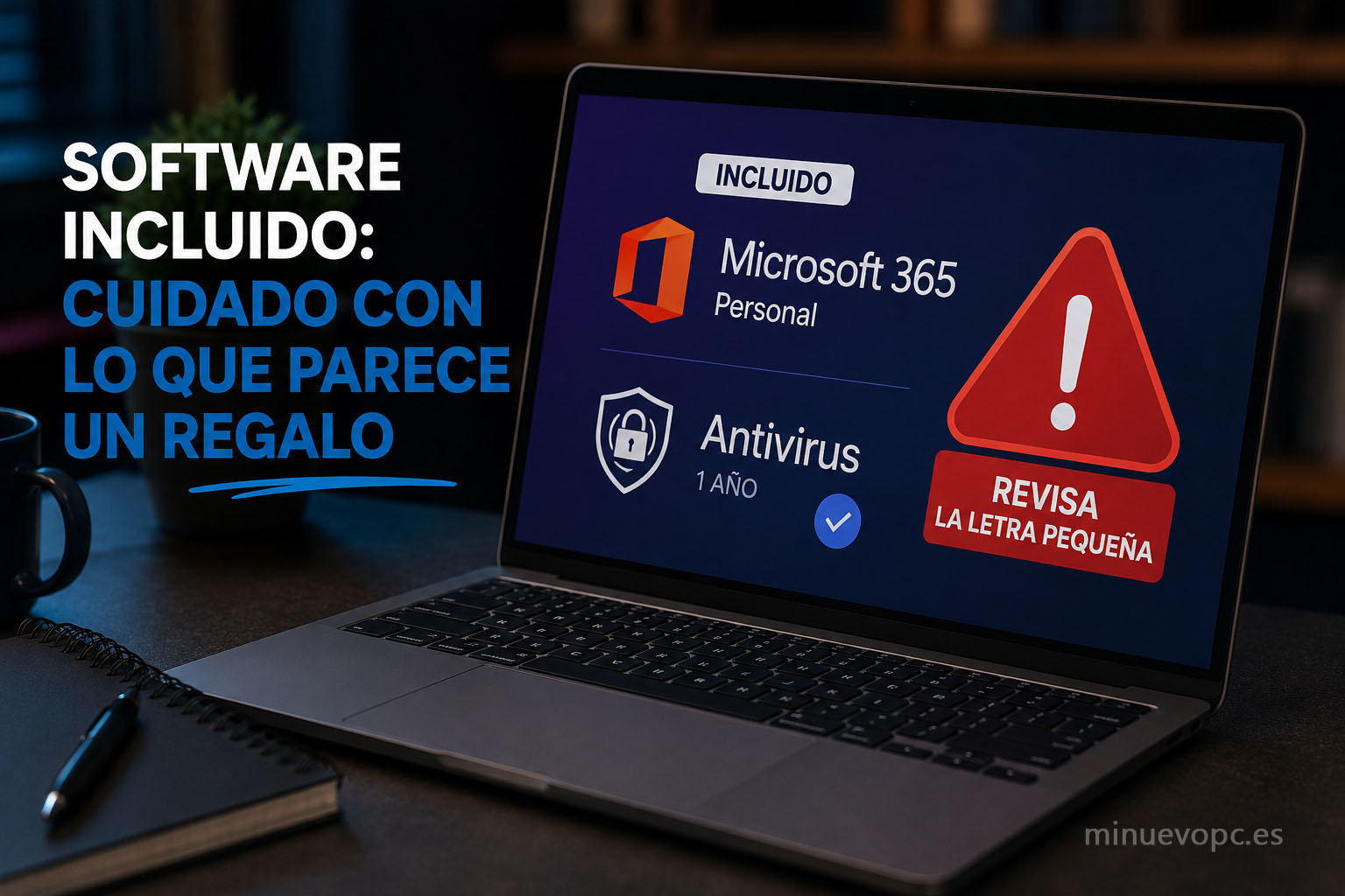 Portátil mostrando software incluido y suscripciones promocionales para evitar pagar por extras innecesarios antes de comprar un portátil