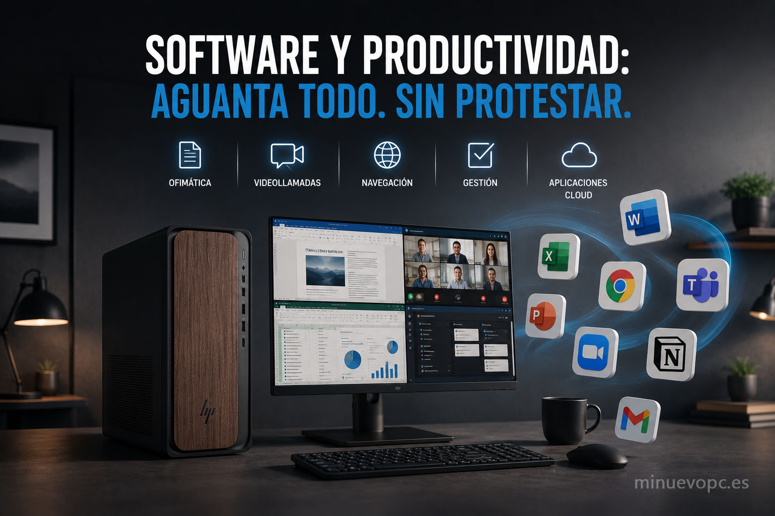 Ordenador de sobremesa para Microsoft 365, videollamadas y multitarea profesional en teletrabajo