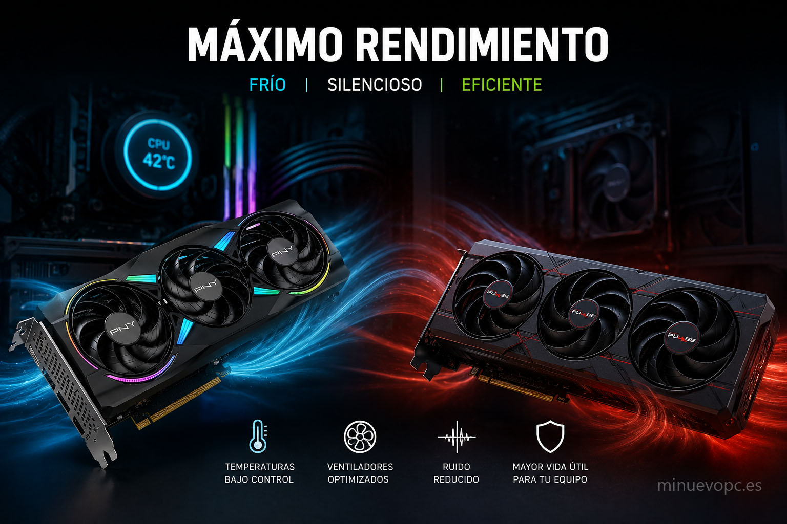Tarjetas gráficas NVIDIA RTX 5070 y AMD Radeon RX 9070 con triple ventilador y sistema de refrigeración avanzada, mostrando bajo ruido, temperaturas estables y eficiencia térmica para PC gaming de alto rendimiento