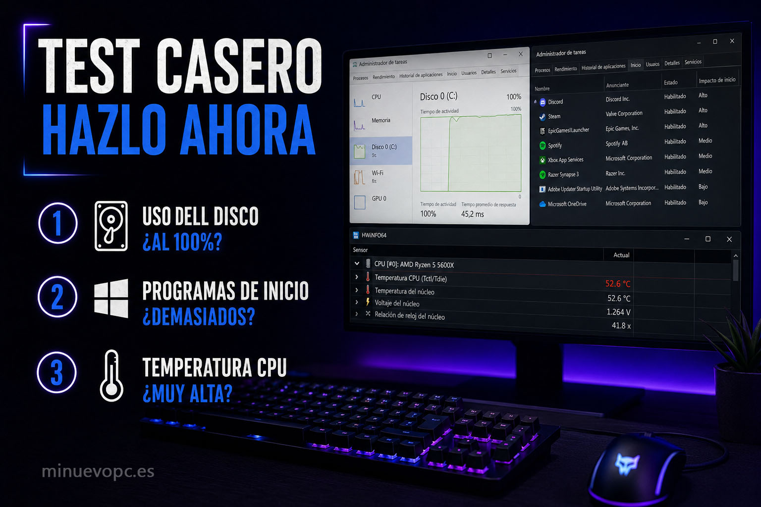 Escritorio gaming con monitor encendido e iconos de comprobación ilustrando cómo revisar disco, temperatura y programas de inicio en Windows