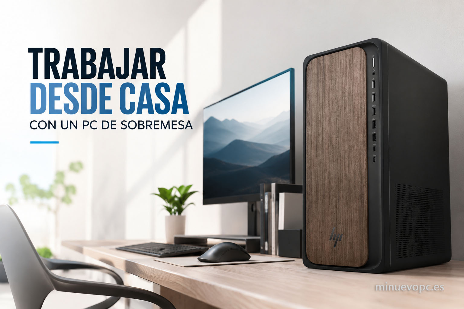 PC de sobremesa moderno para teletrabajo y oficina en casa con setup limpio y monitor profesional