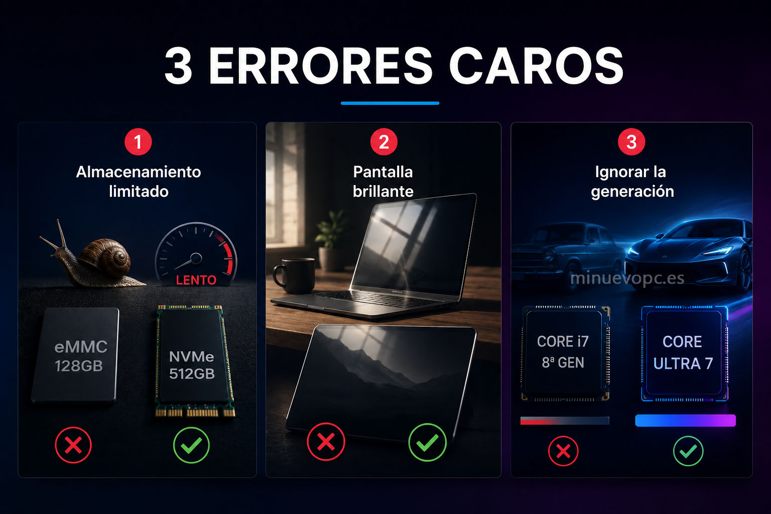 Infografía con los errores más comunes al comprar un portátil: elegir poco almacenamiento, ignorar el acabado de la pantalla y la generación del procesador