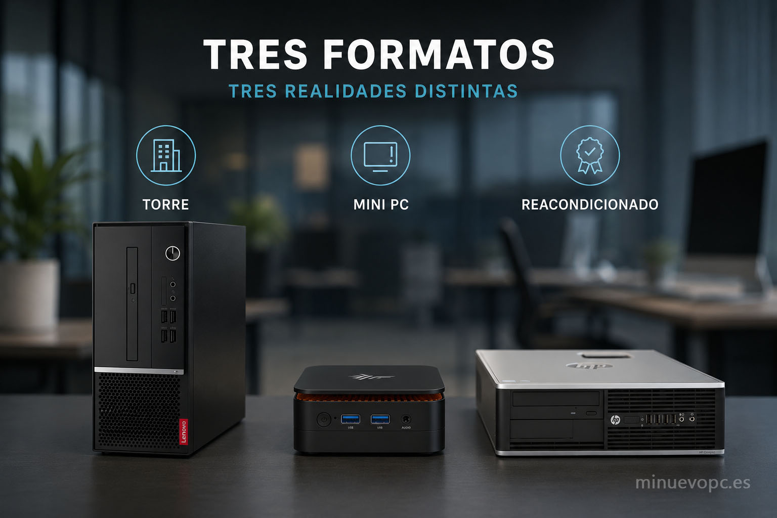 Comparativa de ordenador de torre, mini PC y PC reacondicionado para empresa según espacio, presupuesto y uso en oficina