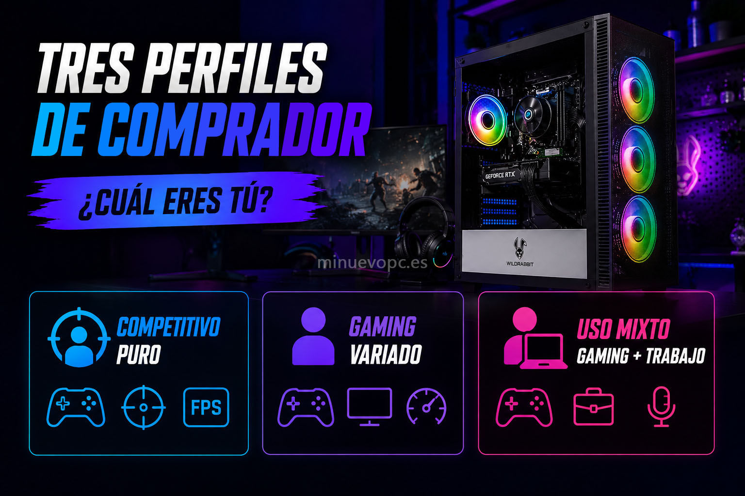 Tres perfiles de usuario para elegir el mejor PC gaming según el tipo de juegos, trabajo o uso diario antes de comprar un ordenador