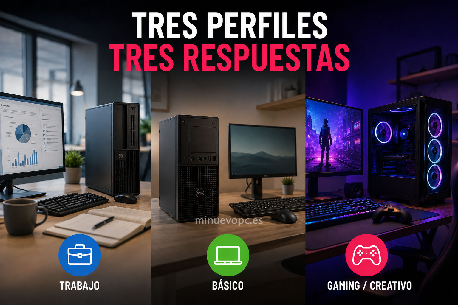 Tres escritorios con un PC para trabajo, uso básico y gaming que ayudan a elegir el ordenador más adecuado según cada necesidad y presupuesto