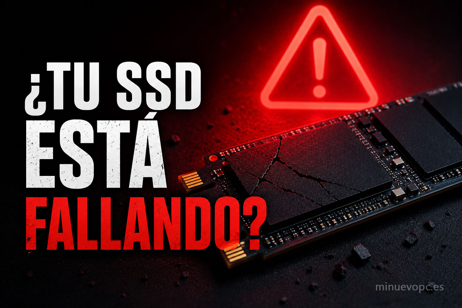SSD NVMe dañado con alerta de fallo y señales de desgaste