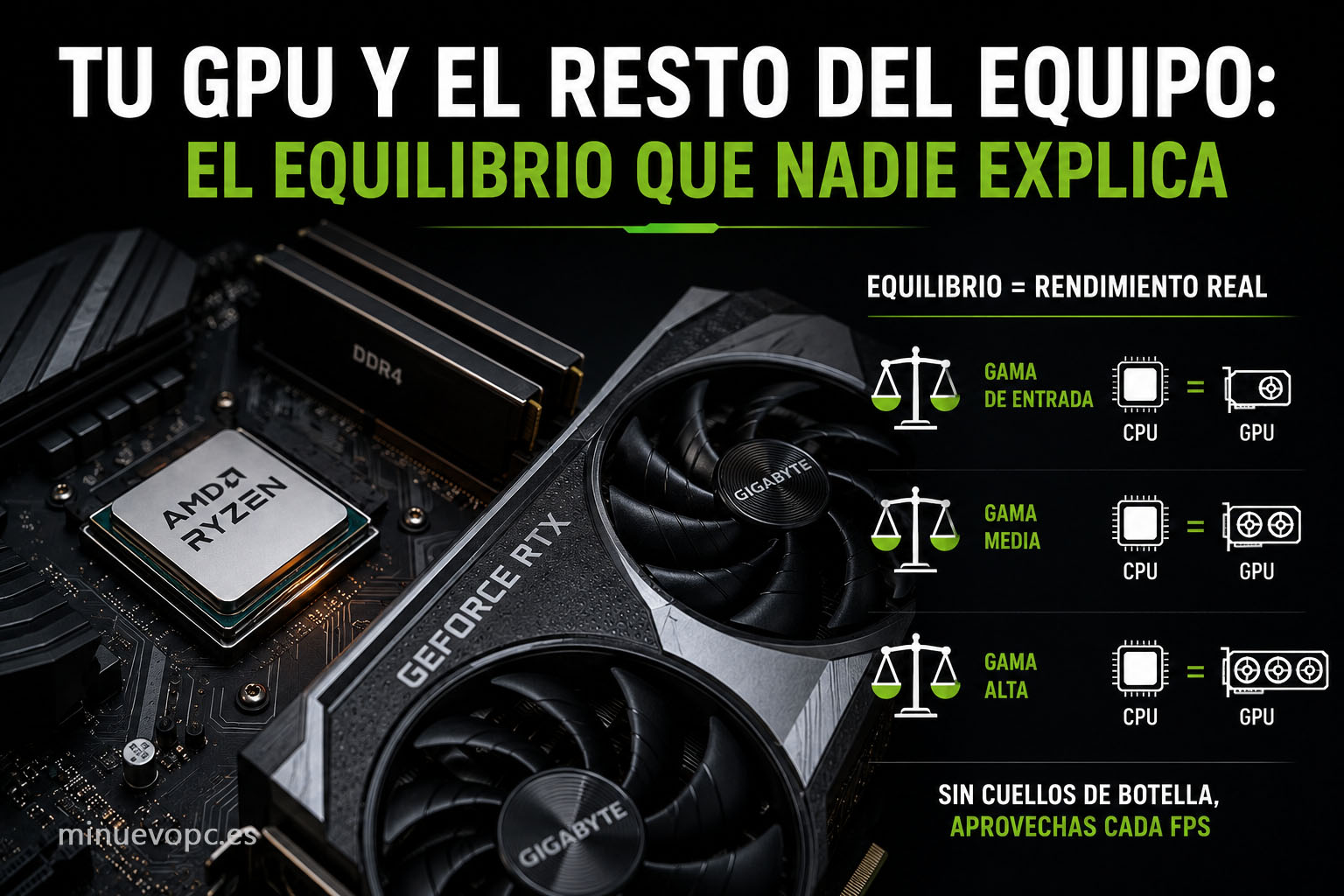 Procesador AMD Ryzen junto a una tarjeta gráfica GeForce RTX mostrando la importancia de equilibrar CPU y GPU para evitar cuellos de botella