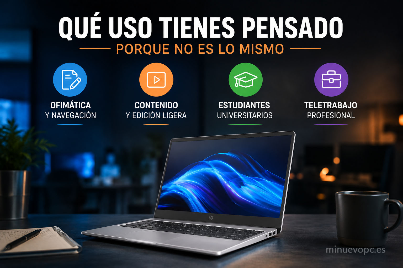 Portátil moderno para ofimática, edición, universidad y teletrabajo profesional mostrando qué tipo de portátil elegir según necesidades reales de uso