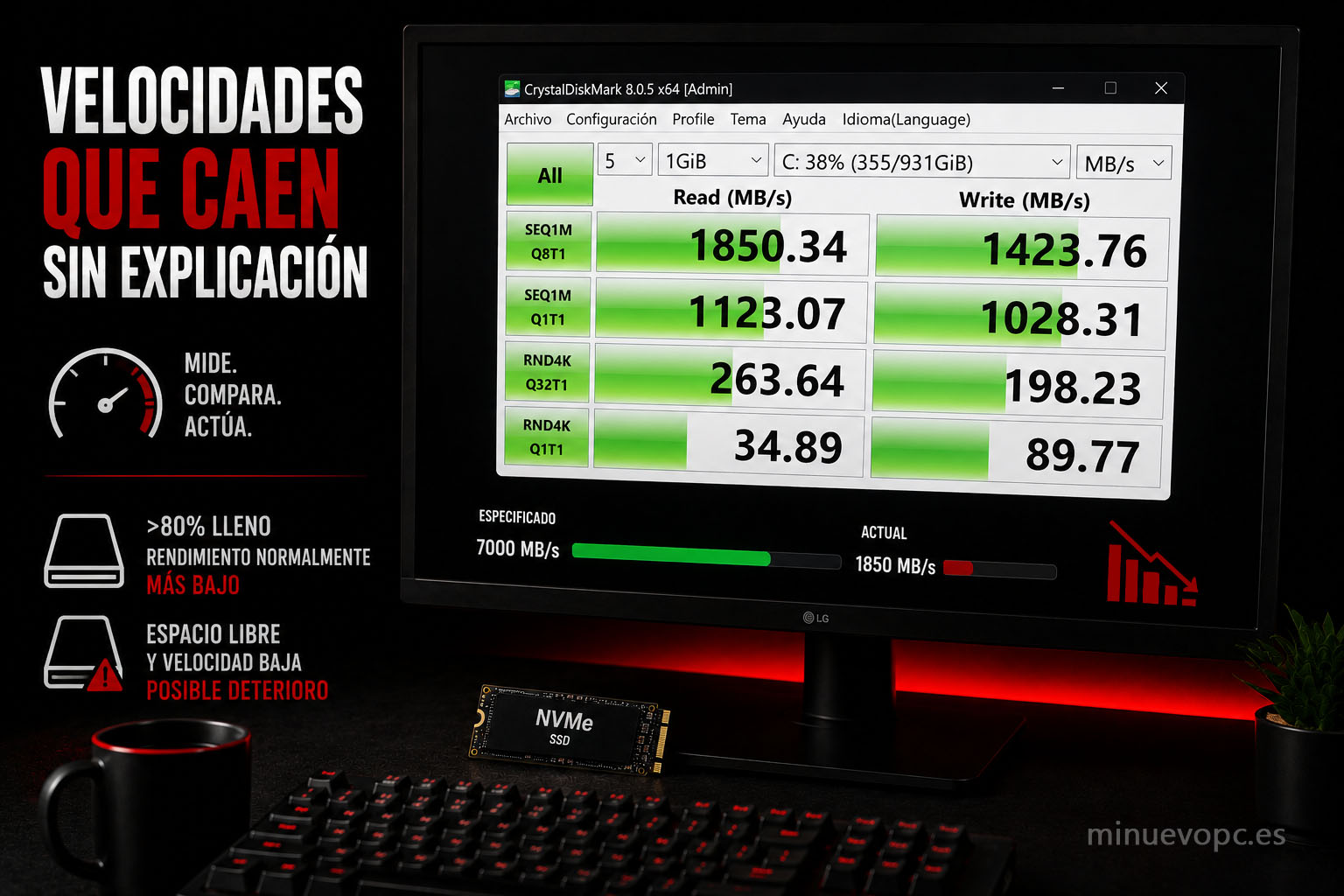 Monitor de PC mostrando CrystalDiskMark junto a un SSD NVMe para comprobar si la velocidad de lectura y escritura ha caído antes de comprar un SSD nuevo