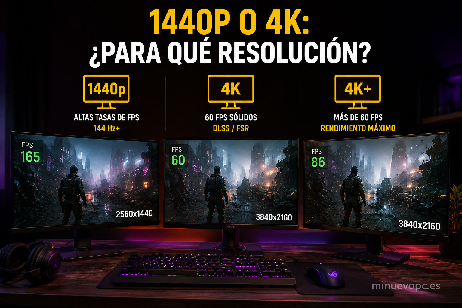 Setup gaming con monitores 1440p y 4K mostrando diferencias de resolución, FPS y potencia gráfica para elegir mejor PC gaming